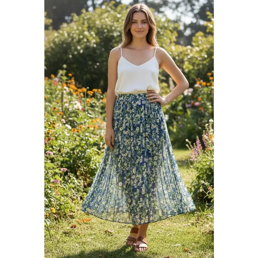 Joie By Anthropologie Maxi Skirt Belt Pull On Floral Blue Size Large NWOT